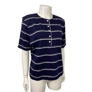 1990s Navy Stripe Nautical Henley Shirt Cotton Top / Women’s Medium